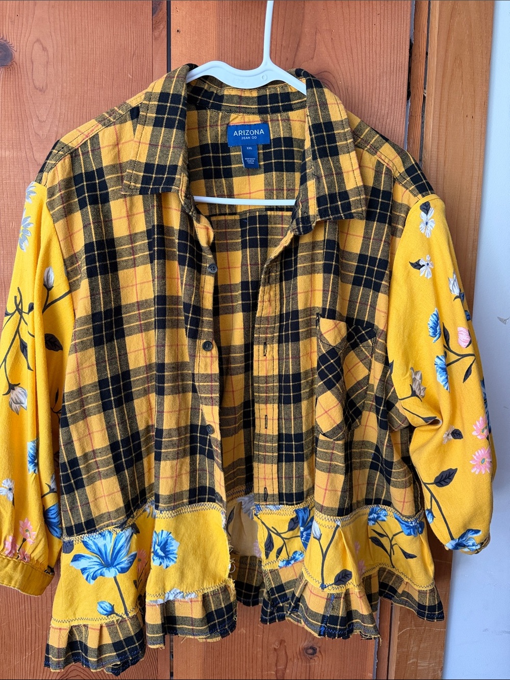 Arizona Jean Company Yellow and Black Plaid Floral Mix Shirt Jacket